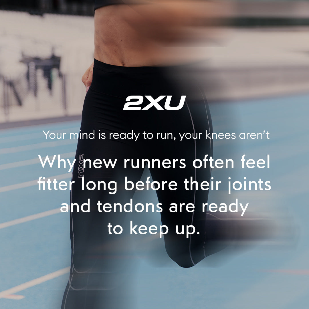 A runner on a track in 2XU compression tights, over the line: your mind is ready to run, your knees are not