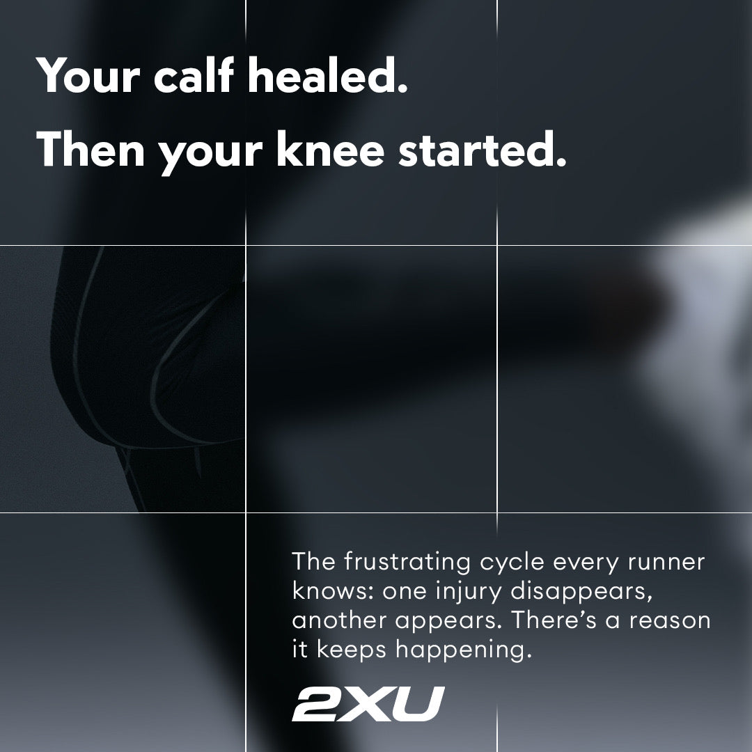 A runner mid-stride in 2XU compression, over the line: your calf healed, then your knee started